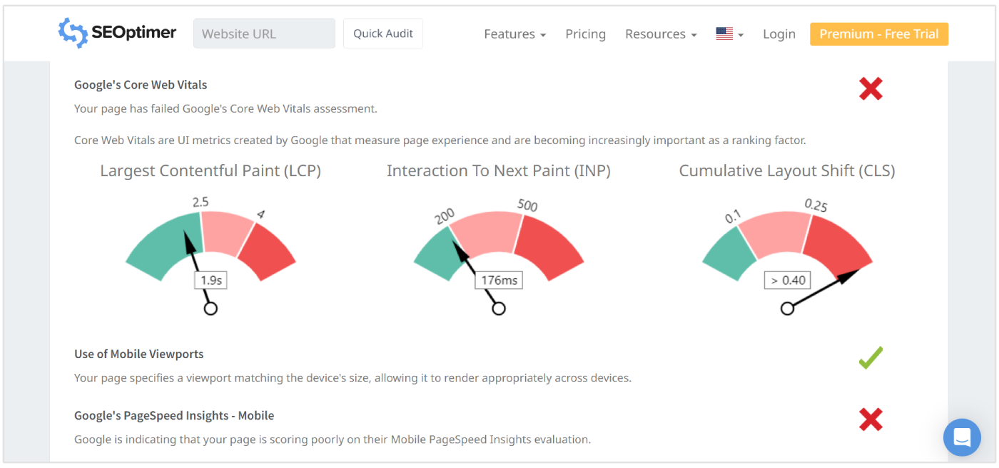 Scores des Core Web Vitals dans l'audit SEO